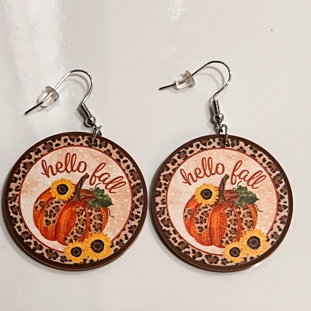 Hello Fall Leopard Print Pumpkin Sunflower Dangle Earrings